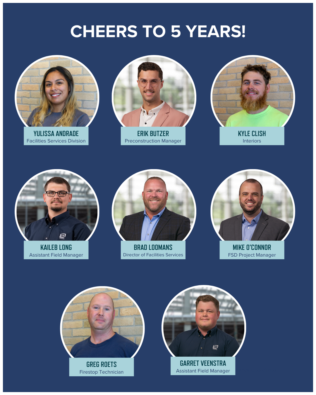 EV Construction Anniversaries Yulissa Andrade Erik Butzer Kyle Clish Kaileb Long Brad Loomans Mike O'Connor Greg Roets Garret Veenstrat
